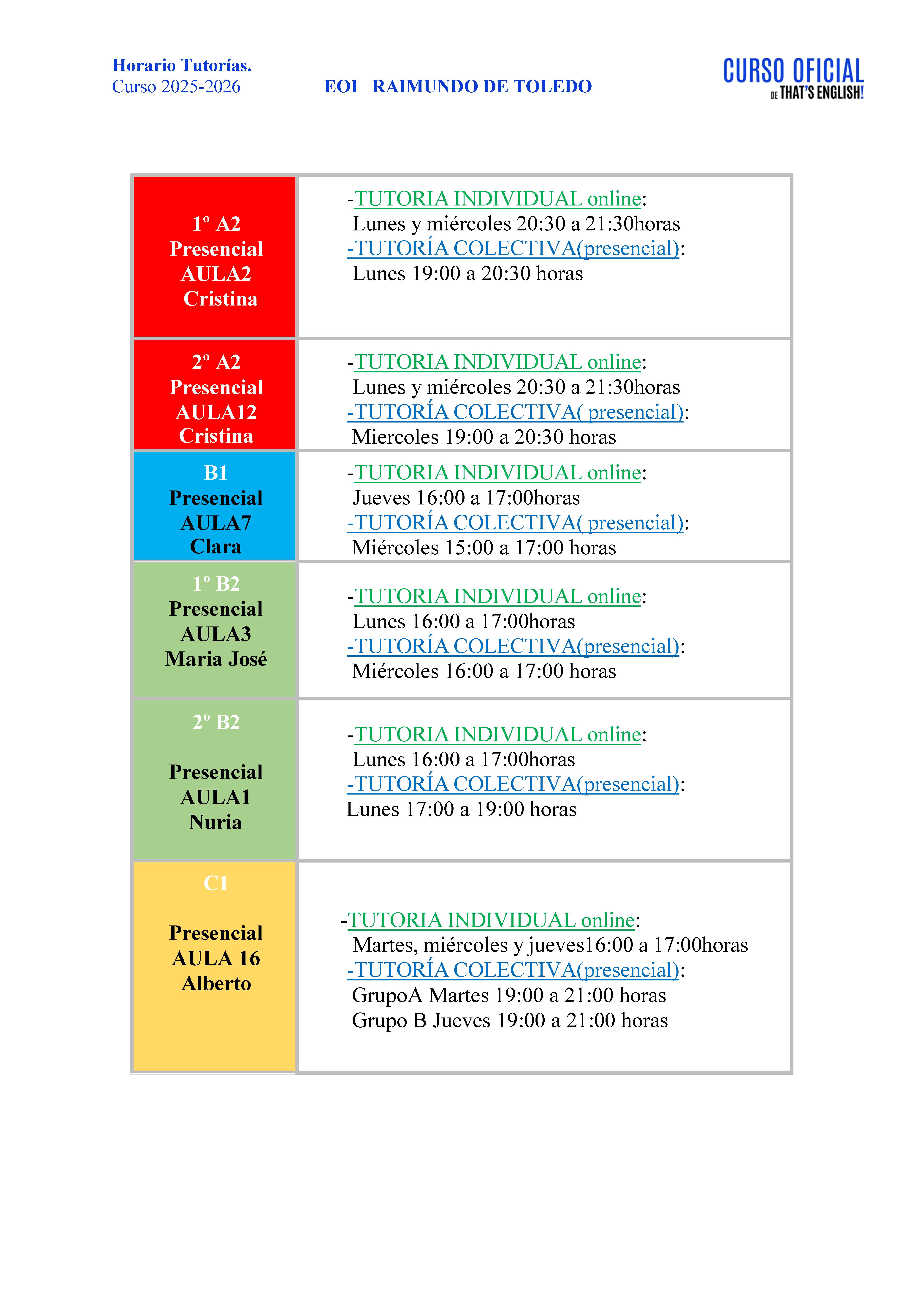 HORARIOS TUTORIAS THATS ENGLISH 2025 2026 - That's English